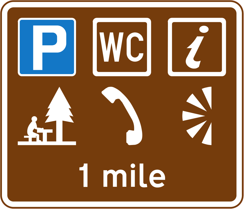 Distance to a parking place with toilets, tourist information, picnic ...