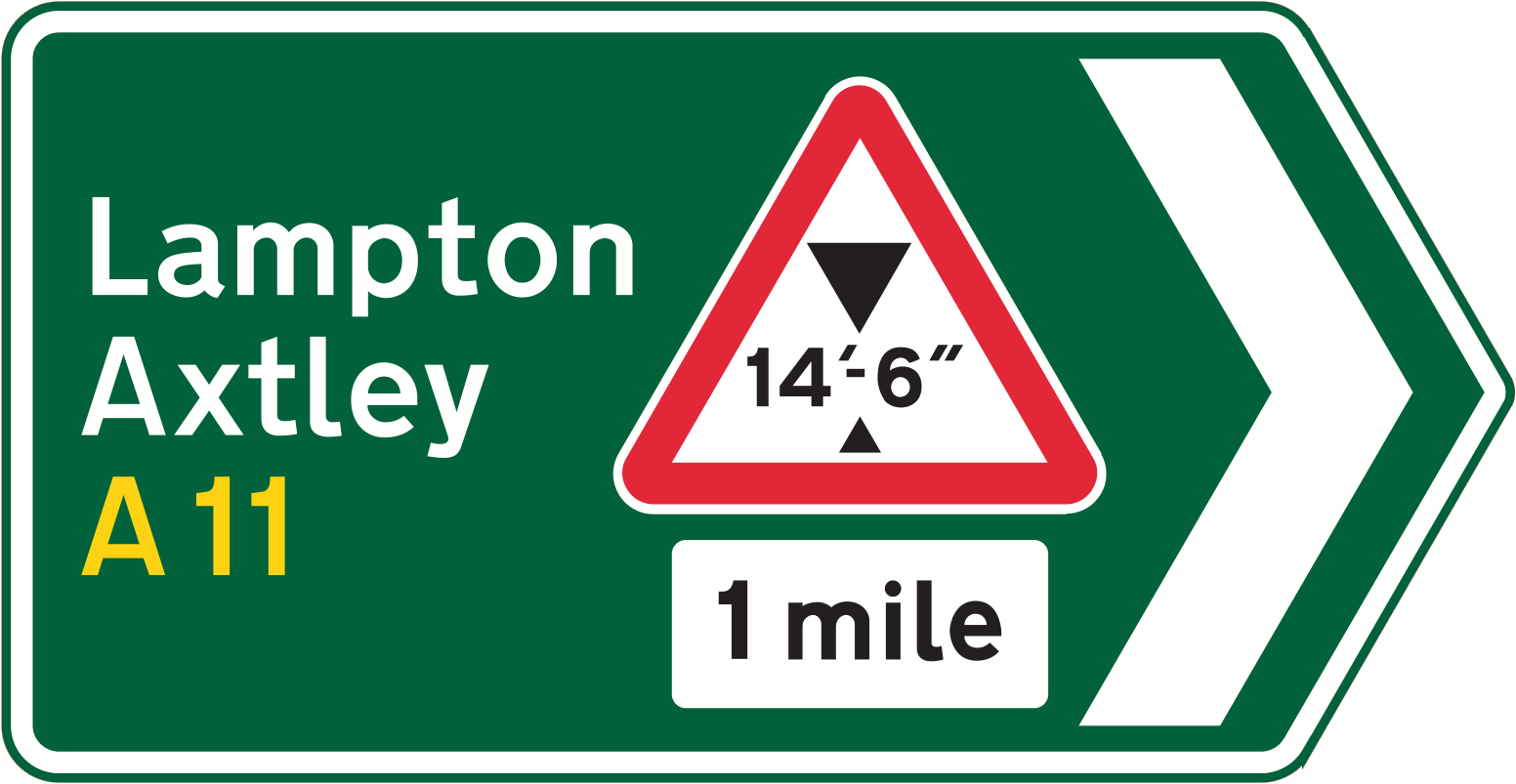 Direction sign located at a junction warning of a low bridge ahead sign ...