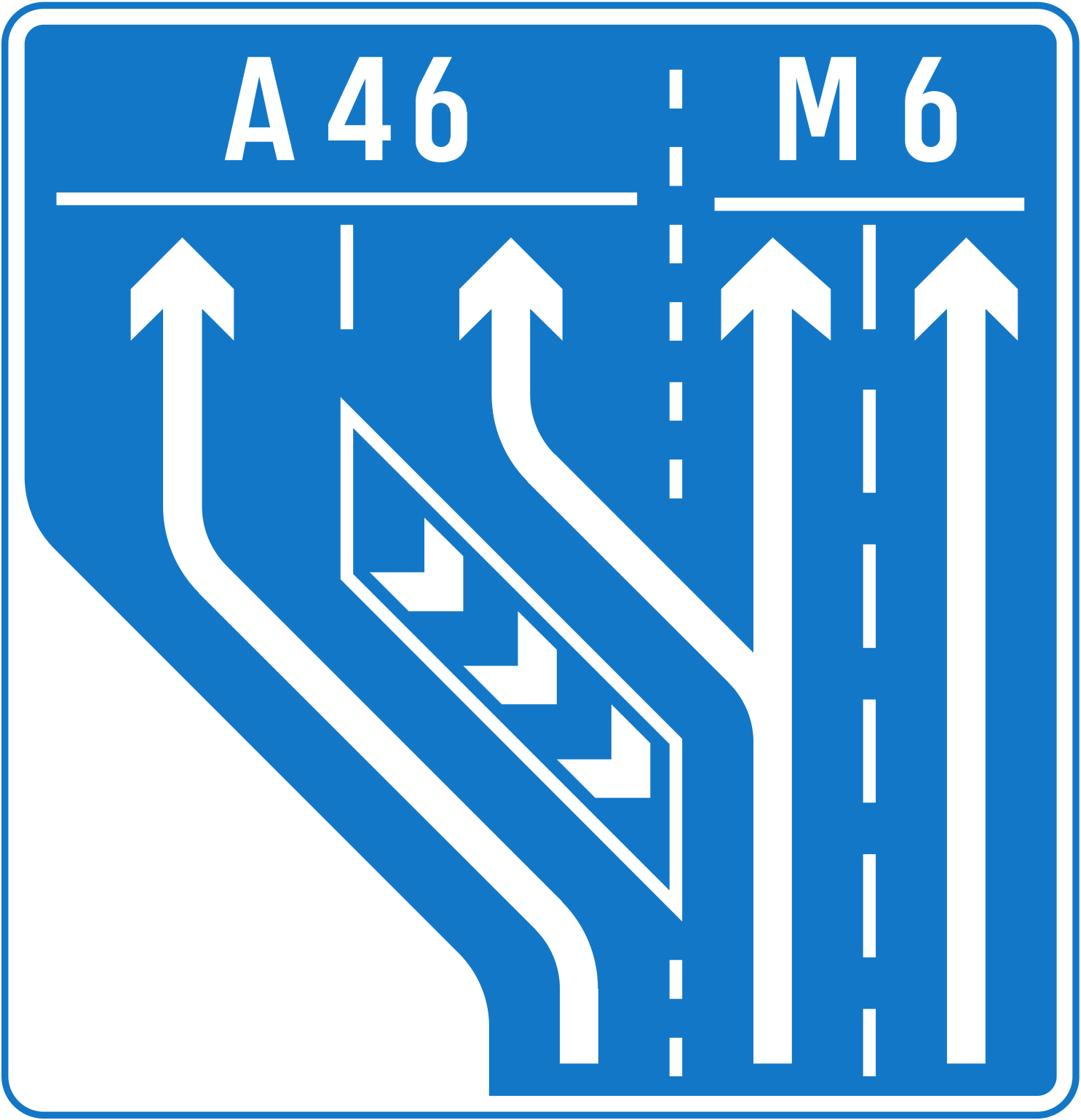 Shows the arrangement of traffic lanes on a motorway sign - UK Road Sign