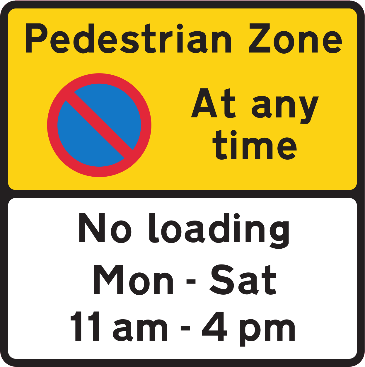 Loading Restrictions Pedestrian zone with waiting and loading restrictions sign - UK Road Sign