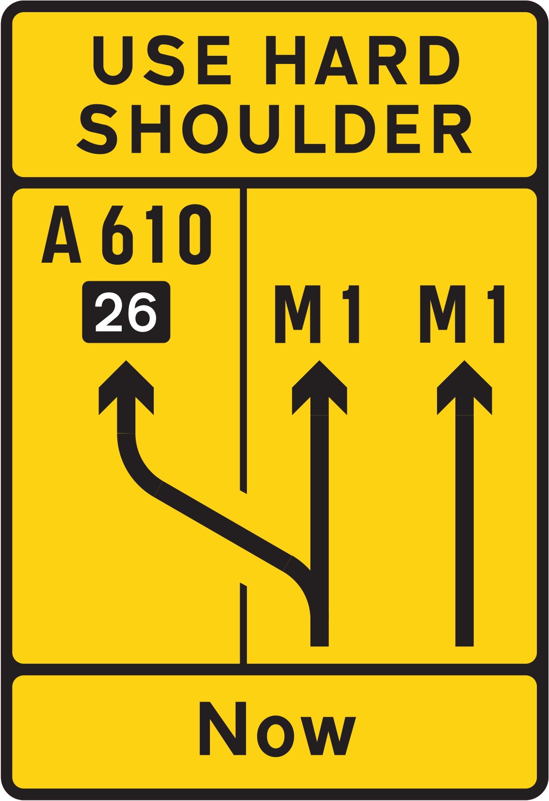 The hard shoulder is used as an exit lane at a junction sign - UK Road Sign