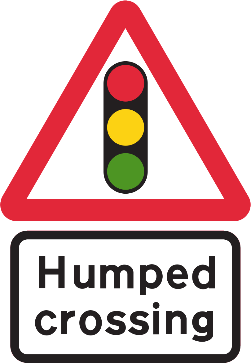 Signal-controlled pedestrian crossing on a road hump sign - UK Road Sign